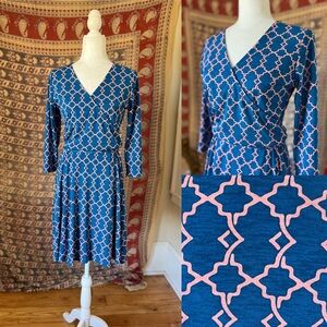 41 Hawthorn Blue and Pink Fit and Flare Wrap Dress NWOT business casual stretch